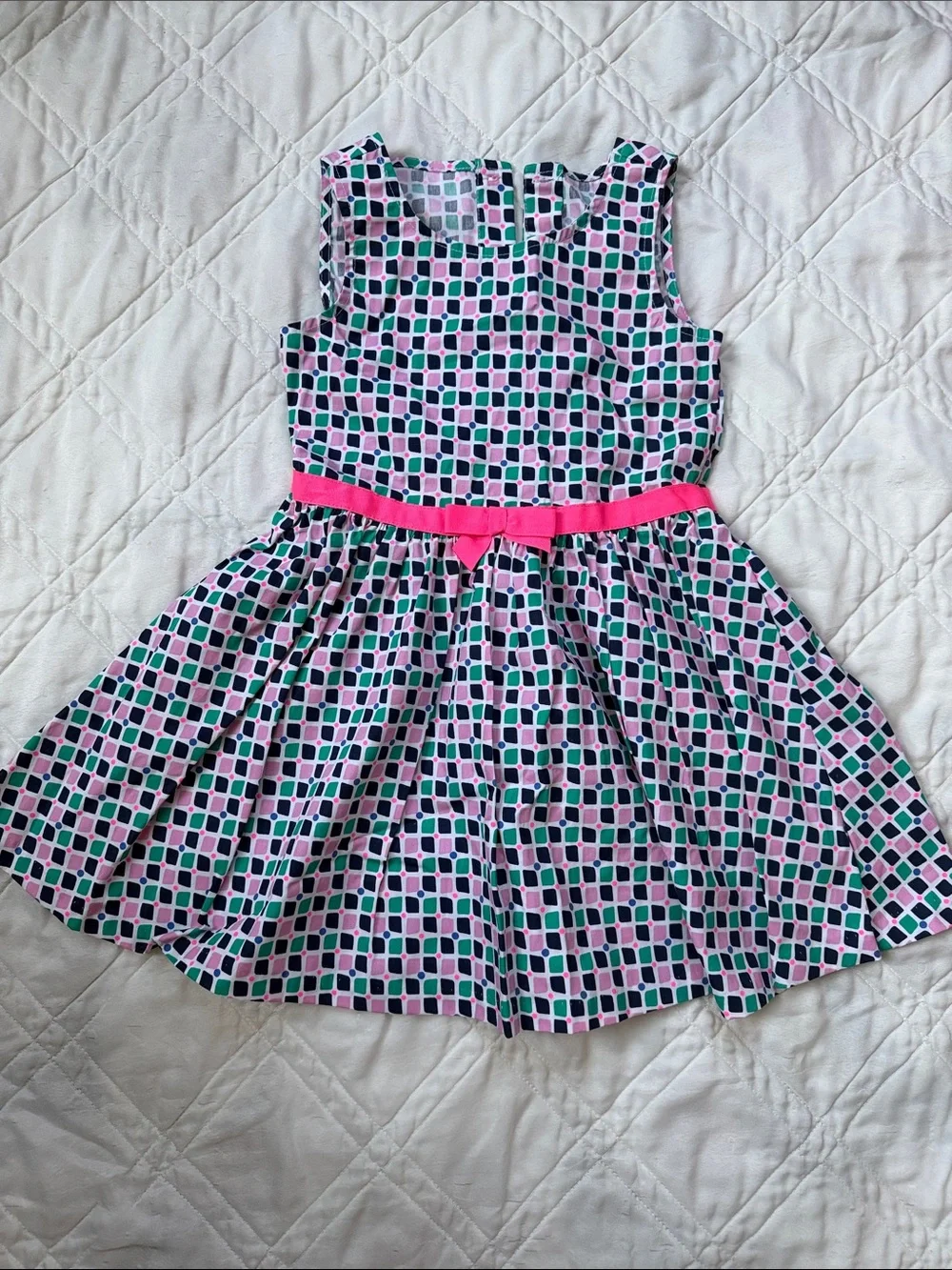 Gymboree Pink, Green & Navy Geometric Print Sleeveless Dress with Hot Pink Belt